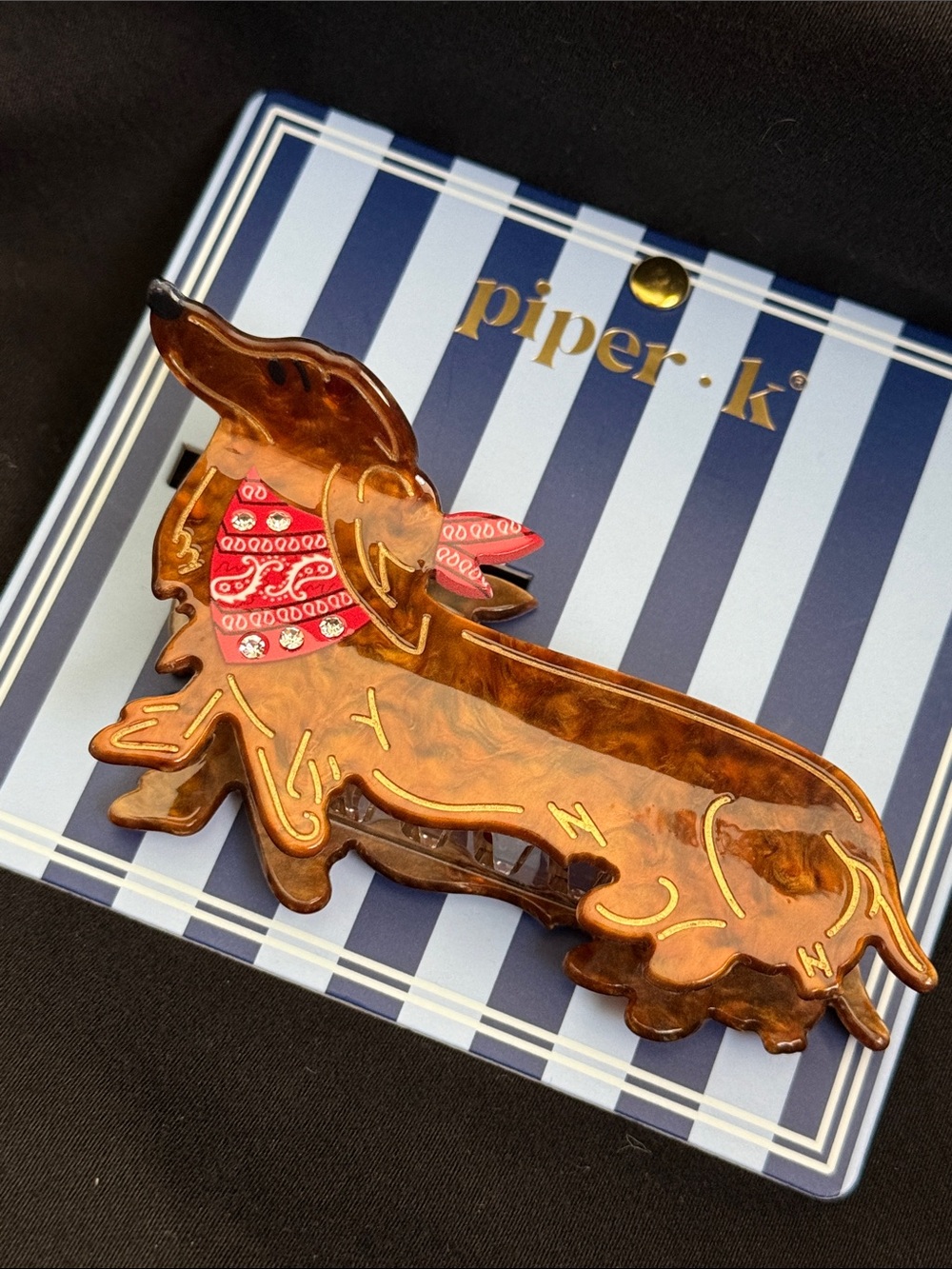 Adorable Piper K Brown Dachshund Hair Clip with Red Bandana